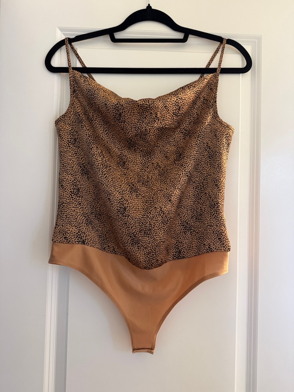 Animal Print Cowl Neck Bodysuit in Tan and Black